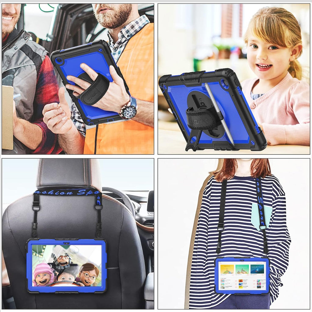 SEYMAC stock Tablet Case for Lenovo Tab M10 Plus 3rd Gen (TB-125FU/128FU/128XU) 10.6 inch Drop-Proof Protection Cover with 360° Rotate Stand & Strap [Pen Holder] & Screen Protector, Blue+Black