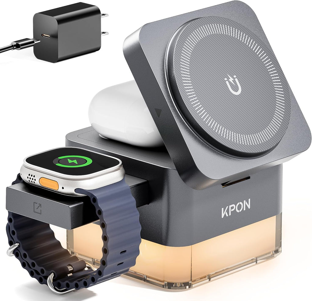 KPON for iPhone Nightstand Charging Station,15W 3 in 1 Wireless Phone Charger Stand with Night Lamp, Travel Foldable Magnetic Cube Magsafe Dock for iPhone 16 15 14 13 12 Series/Apple Watch/Airpods