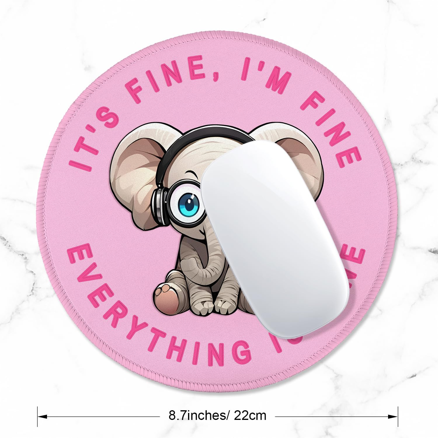 ITNRSIIET Round Mouse Pad with Stitched Edge Premium-Textured Waterproof Non-Slip Rubber Base Desktop Protection Mat Diameter 8.7 inches, Pink Pretty Elephant
