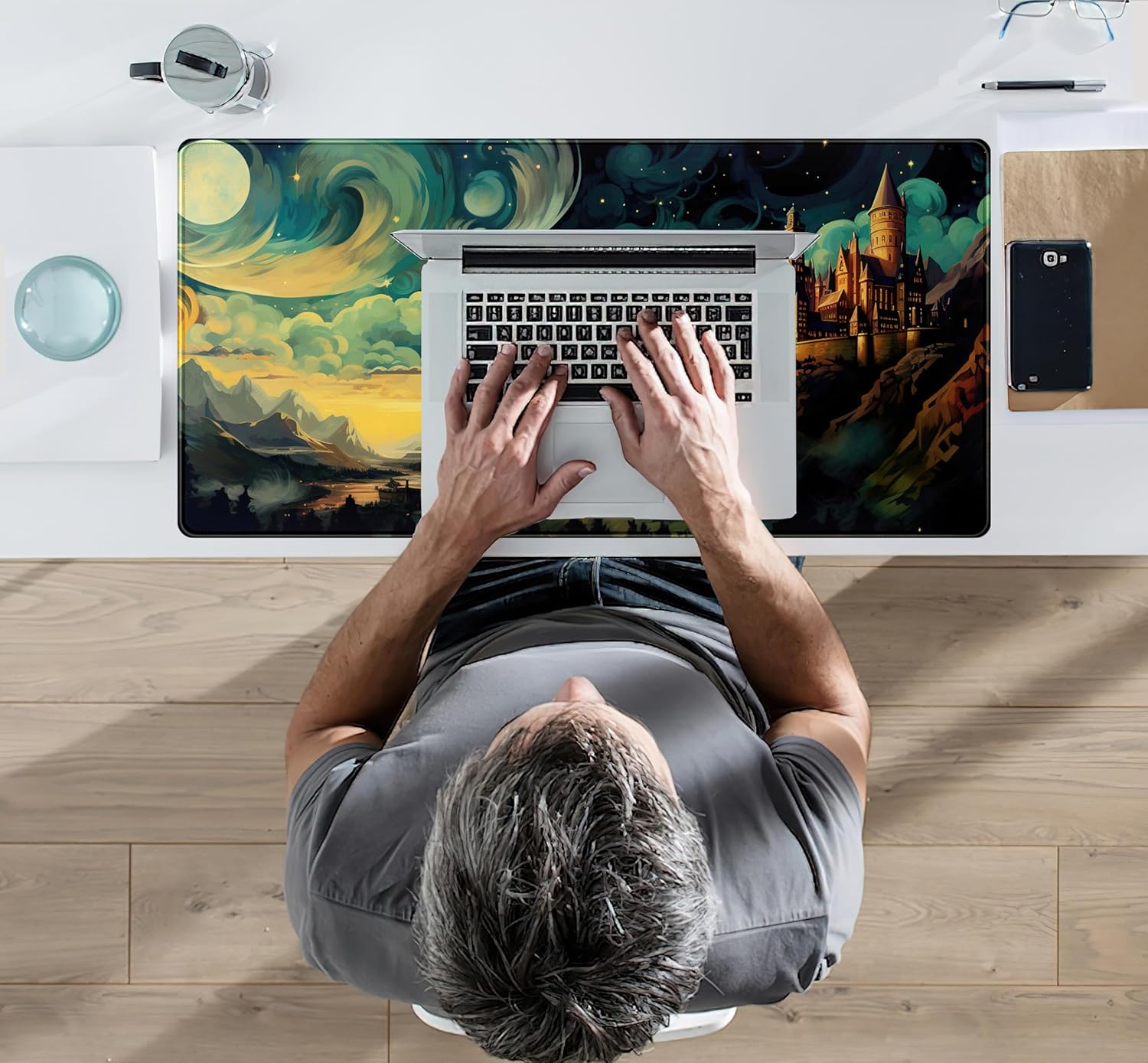 Cool Aesthetic Castle Mouse Pad Desk Pad Cute Cloudy and Starry Desk Mat, Office Desk Decor Anime Mousepad Laptop Keyboard and Mouse Mat, XXL Large Extended Gaming Deskmat for Girl 31.5x15.75 in