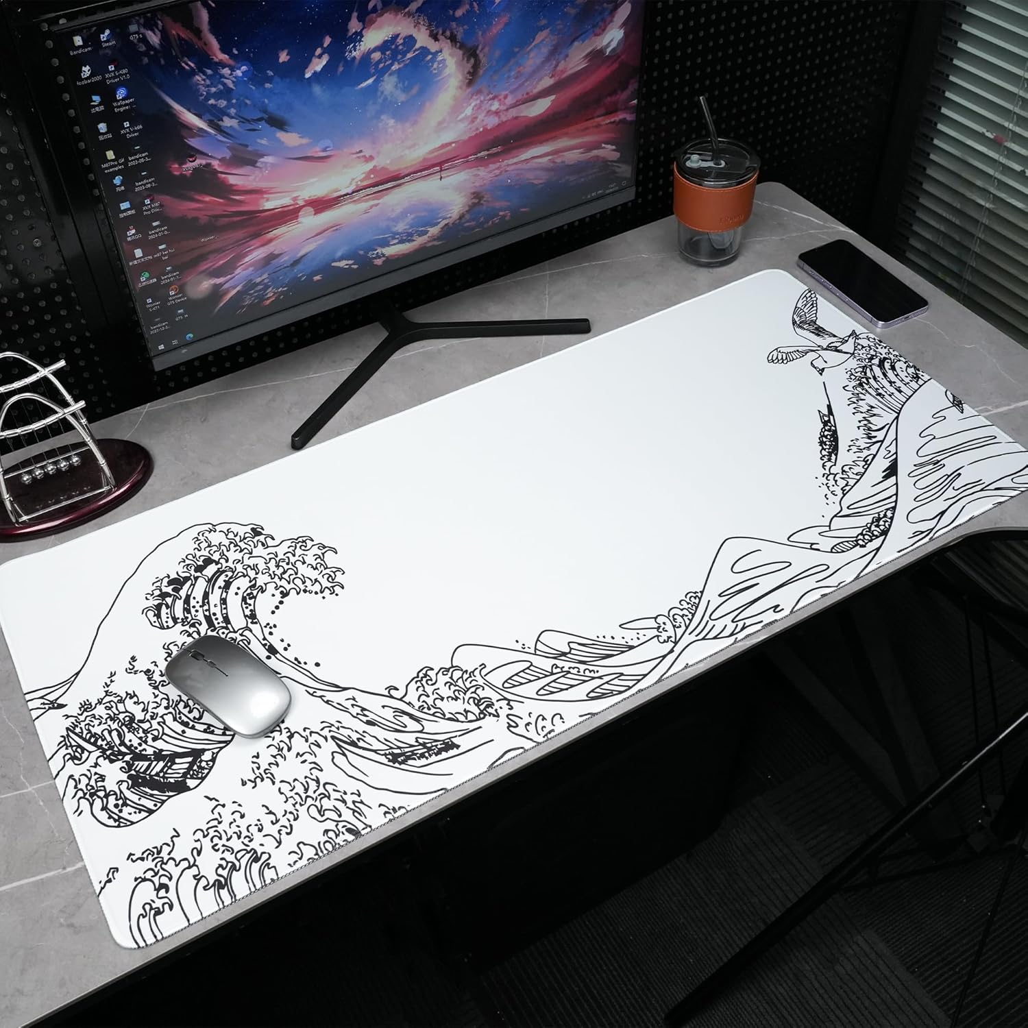 Large Gaming Mouse Pad for Desk,Kanagawa XXL Mouse Pad 35.4x15.7 Inch,Waterproof Desk Pad,Non-Slip Rubber Base Mice Pad,Keyboard Pad Computer Mat,White Mouse pad