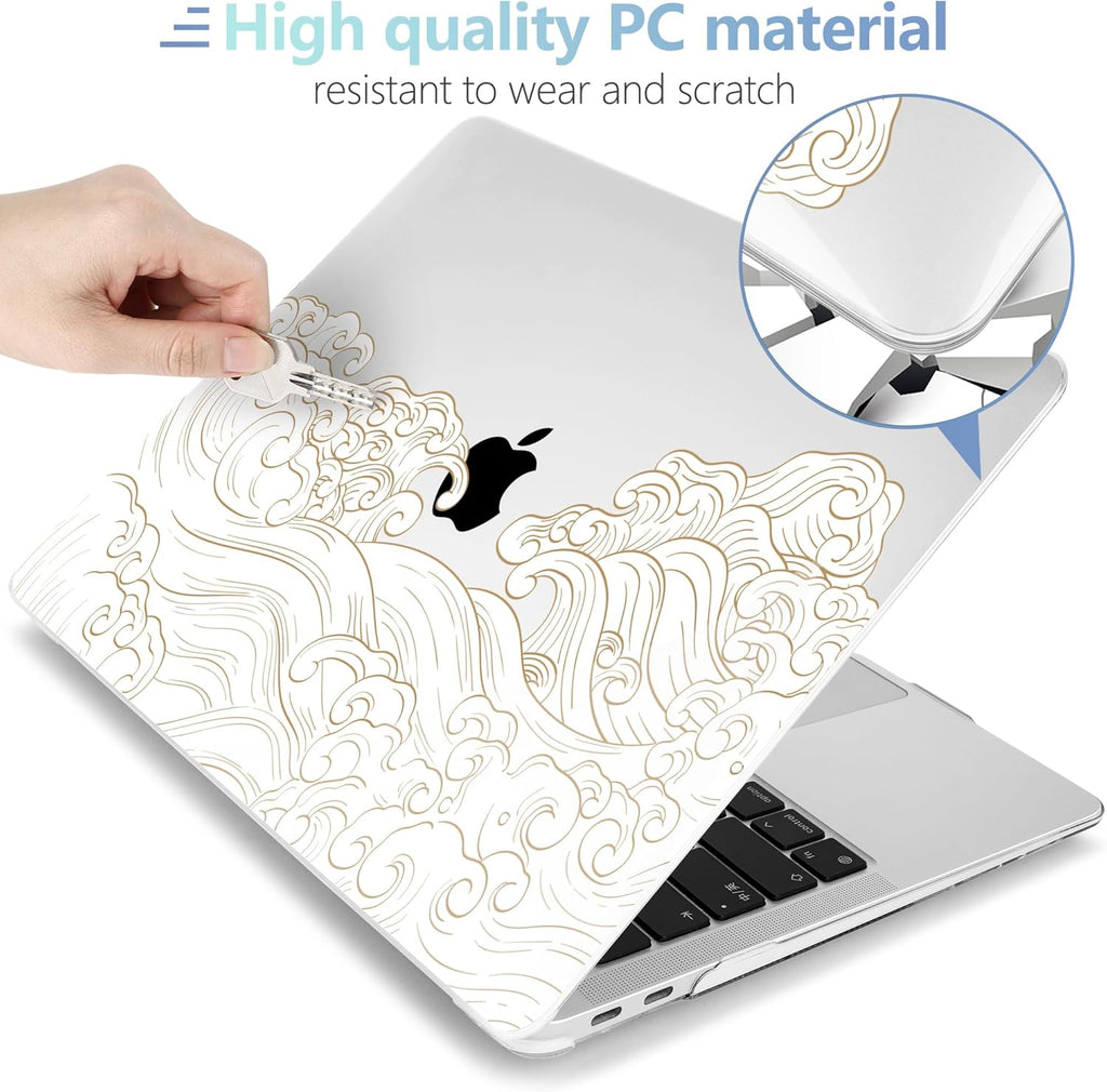 MEEgoodo for MacBook Air 13.3 inch Case 2021 2020 2019 2018 A2337 M1 A2179 A1932, Laptop Shell with Keyboard Webcam Cover & Trackpad Film & Type C Adapter for MacBook Air M1, Hand Drawn Wave