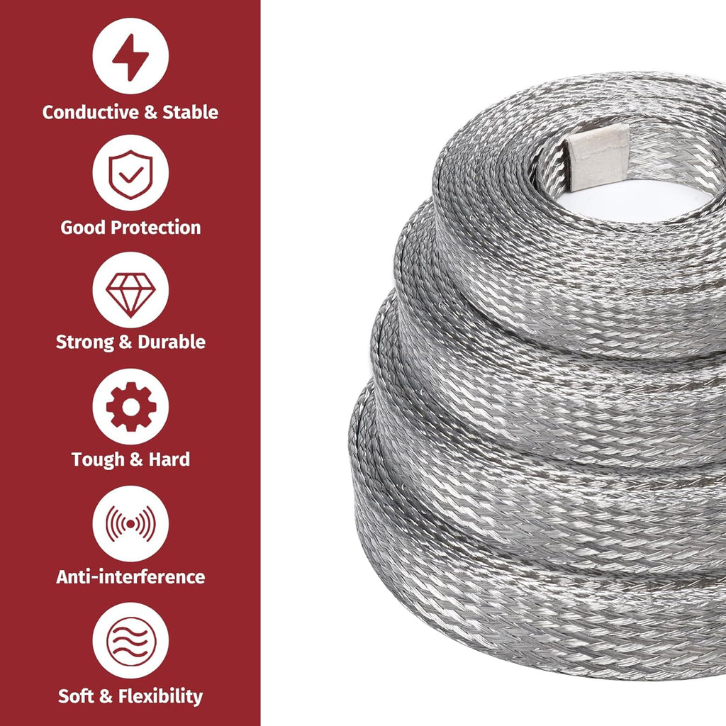 Tinned Copper Metal Braid Sleeving Wire Shielding Sleeve Braided Copper Ground Straps EMI/RFI Interference Expandable Flat Mesh Shielding Cable for Protect Wire (5/16inch-22ft)