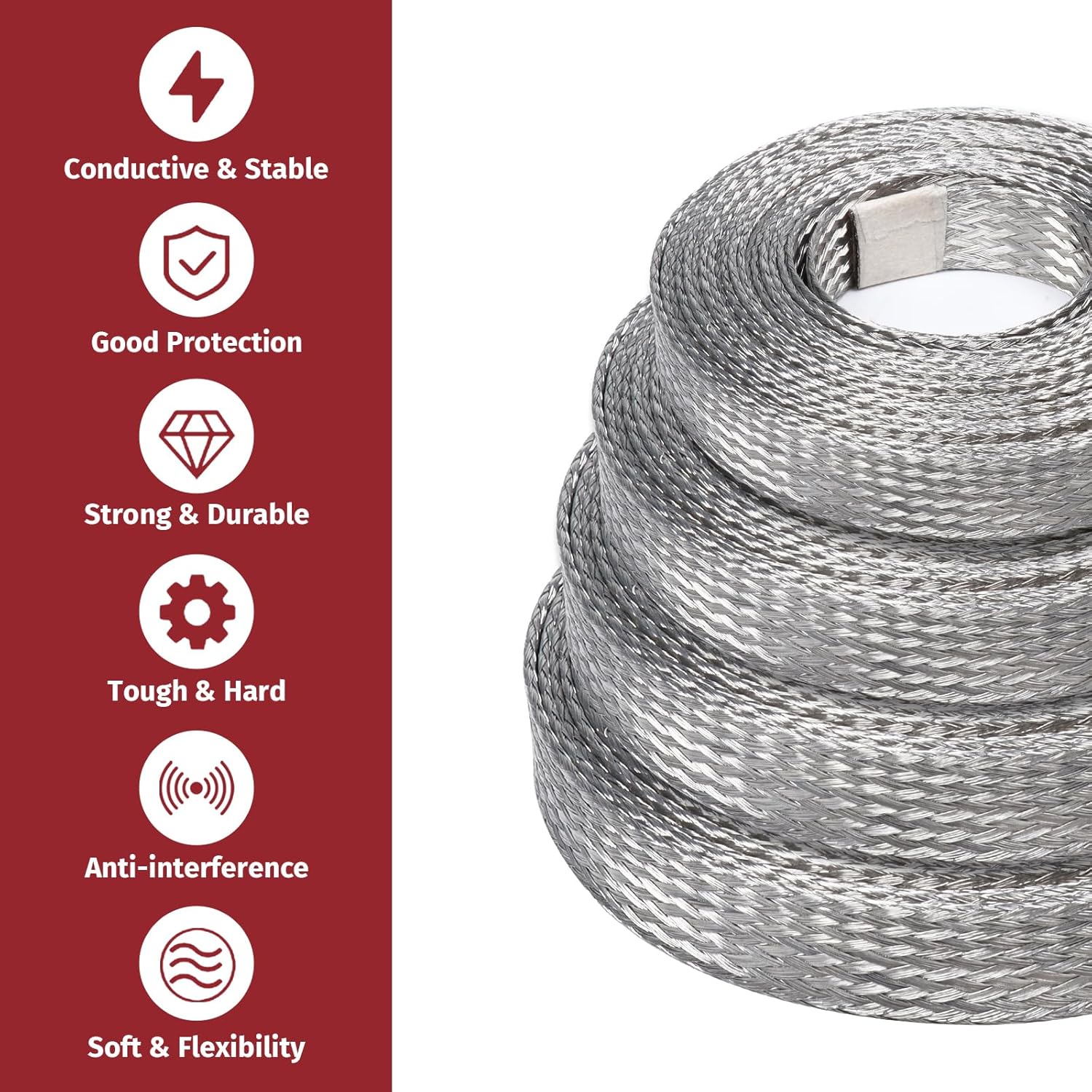 Tinned Copper Metal Braid Sleeving Wire Shielding Sleeve Braided Copper Ground Straps EMI/RFI Interference Expandable Flat Mesh Shielding Cable for Protect Wire (5/16inch-22ft)