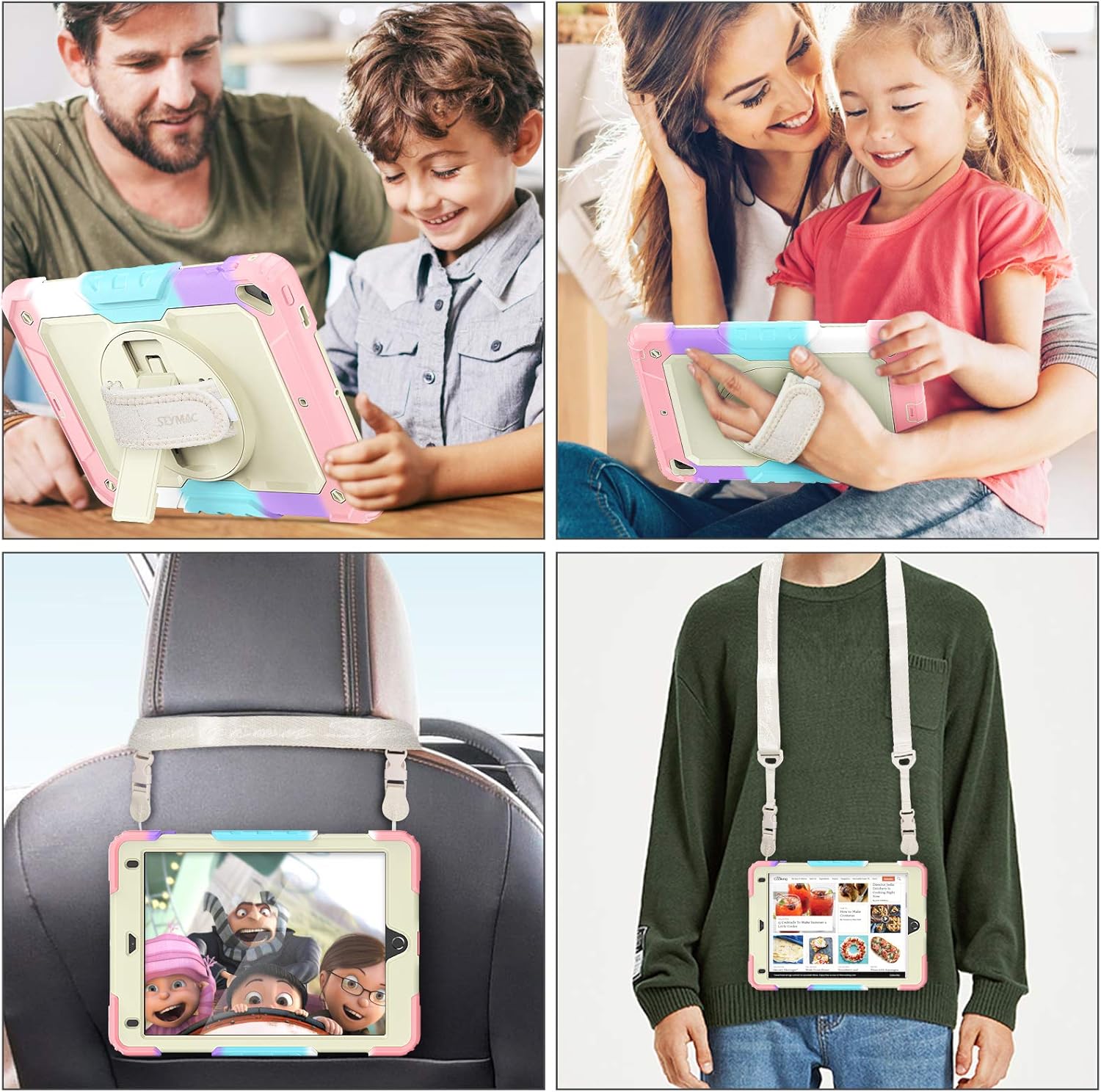 SEYMAC stock Case for iPad 6th / 5th Generation Case/Air 2 / Pro 9.7 inch, Heavy Duty Protective with Screen Protector, with Pencil Holder, Hand Strap, Shoulder Strap, 360 Rotate Stand,Yellowish+Pink