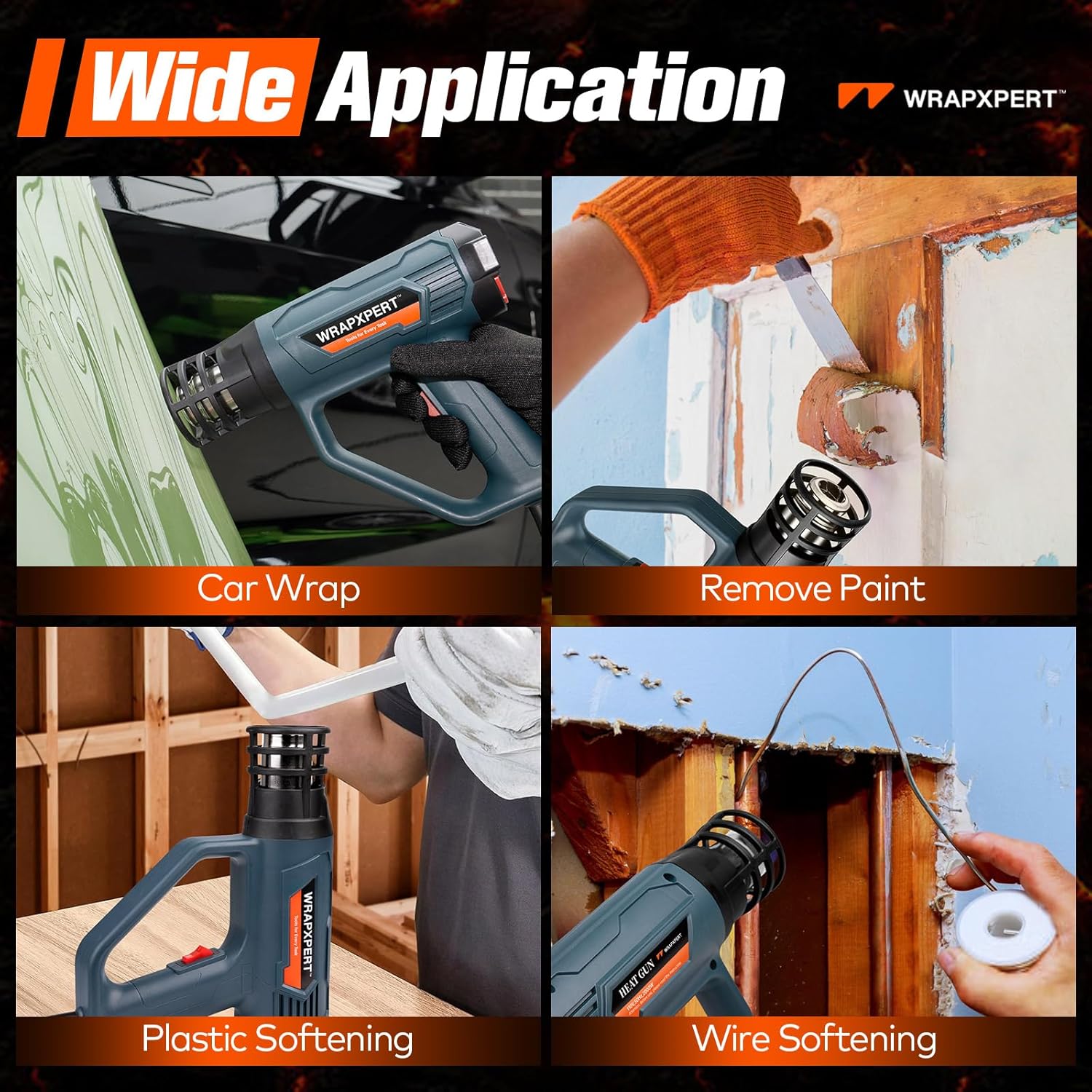 WRAPXPERT Heat Gun for Vinyl Wrap with Digital LCD 2000W 122℉-1202℉（50℃- 650℃) Hot Air Gun Variable Temperature Control Memory Function for Car Wrap, Crafts, Shrinking Tubing, Stripping Paint