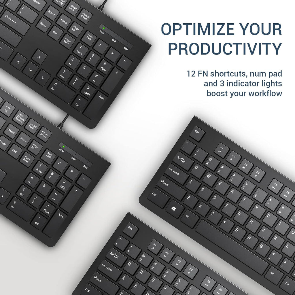 Computer Keyboard Wired, Plug Play USB Keyboard, Low Profile Chiclet Keys, Large Number Pad, Caps Indicators, Foldable Stands, Spill-Resistant, Anti-Wear Letters for PC Laptop (Black, 1-Pack)