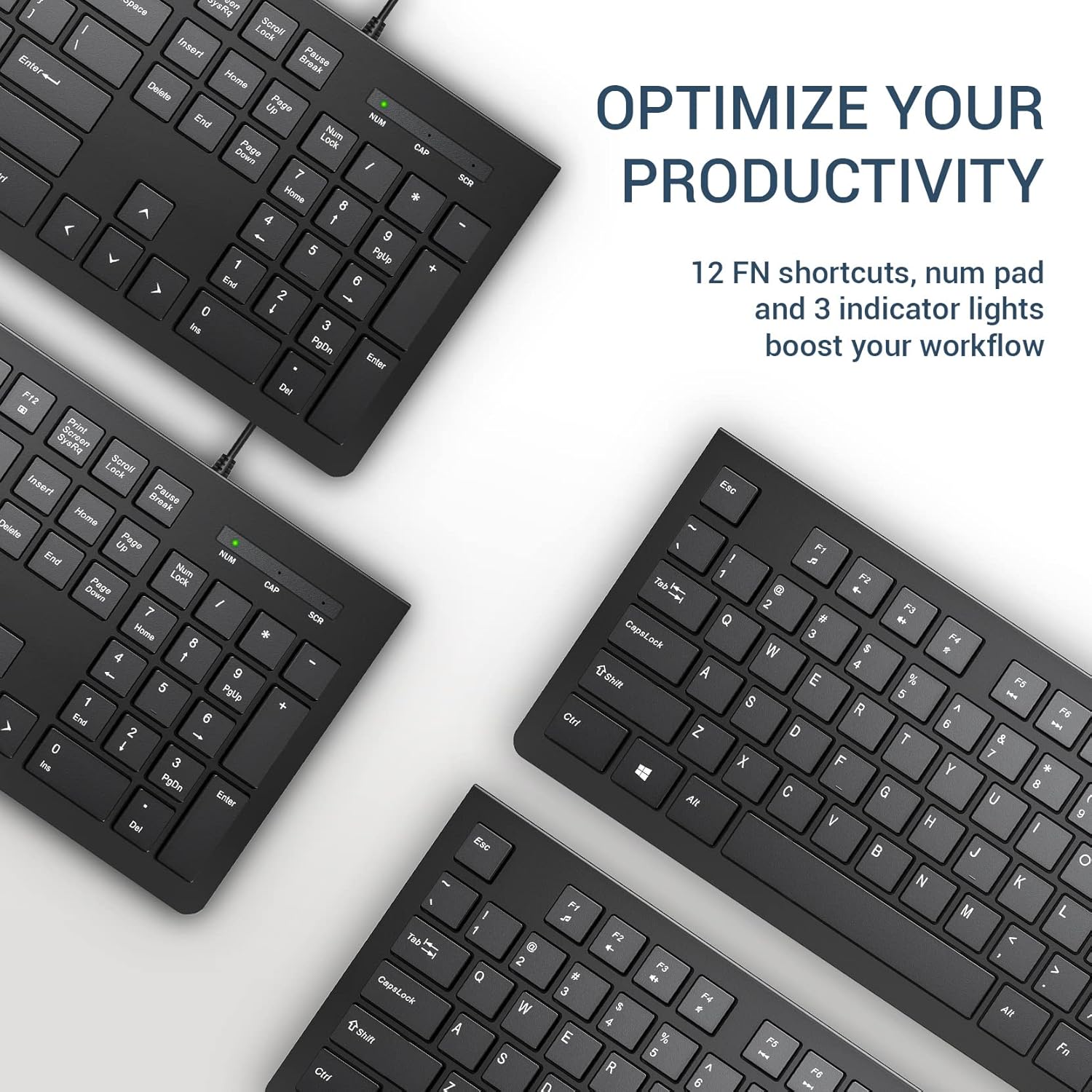 Computer Keyboard Wired, Plug Play USB Keyboard, Low Profile Chiclet Keys, Large Number Pad, Caps Indicators, Foldable Stands, Spill-Resistant, Anti-Wear Letters for PC Laptop (Black, 1-Pack)