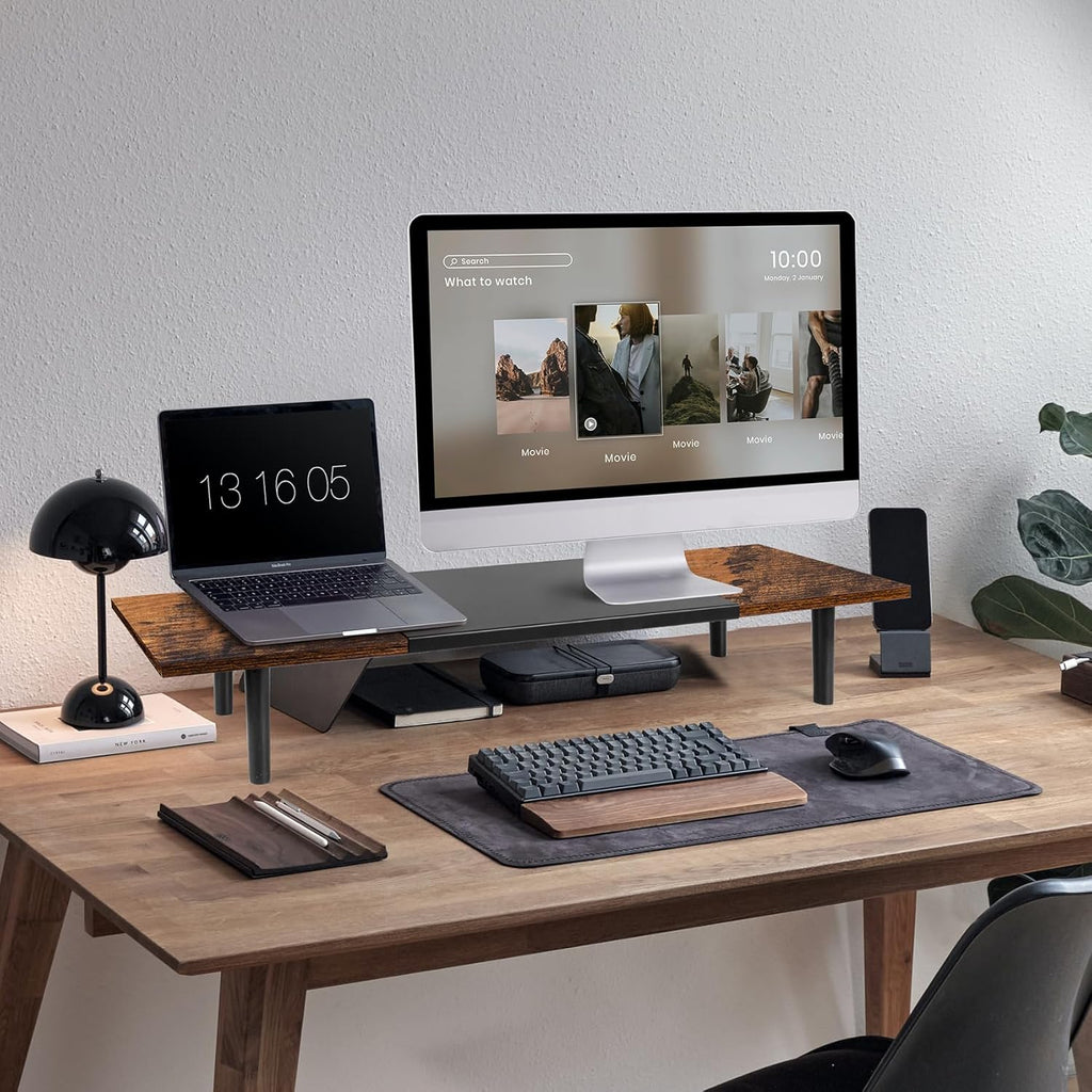 Dual-Monitor-Stand-Riser-For-Desk Adjustable Length 32-40 Inch, Large Desktop Computer Monitor Riser For 2 Screens, Desk Shelf Organizer Riser Stand For Computer/Laptop/PC/Printer/TV Brown
