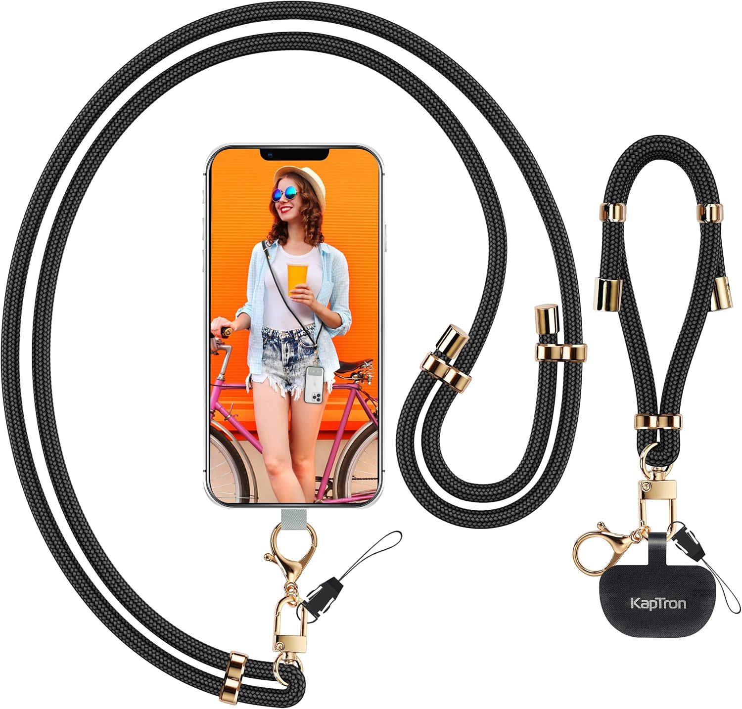 Universal Phone Lanyard with Wrist Strap, Adjustable Crossbody Cell Phone Lanyard Neck Strap and Wristlet Strap with 2 Lobster Clips, Phone Tether Patches and Phone Straps (Black/Gold, 2 Pack)