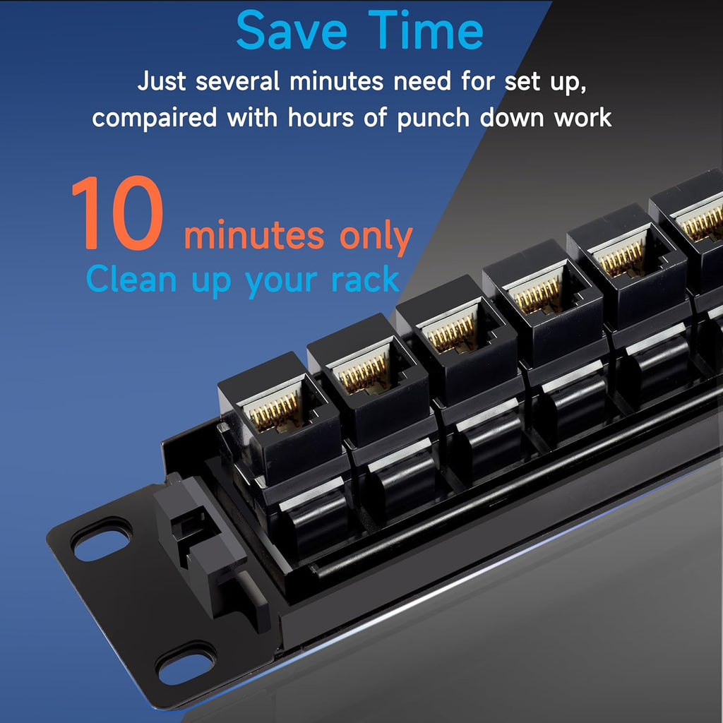 24 Port RJ45 Patch Panel Cat6 Feed Through, Coupler Network Panel 19 Inch, Inline Keystone Ethernet Patch Panel with Back Bar