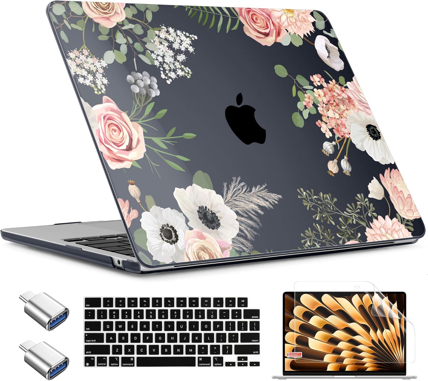 TWOLSKOO Compatible with M4 MacBook Air 13.6 inch Case 2025-2022 Release M4 A3240 M3 A3113 M2 A2681, Plastic Hard Shell & Keyboard Cover & Type C Adapter & Screen Protector, Rose Flower