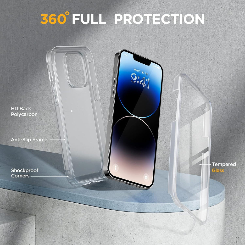 Miracase Glass Series Designed for iPhone 14 Pro Max Case 6.7 Inch, Upgrade Full-Body Bumper Case with Built-in 9H Tempered Glass Screen Protector, with Camera Lens Protector, Matte Clear