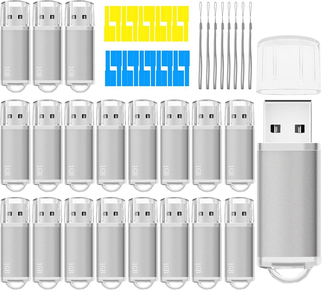 USB Thumb Drive 1GB Flash Drives 20 Pack, Nicepicten Memorias USB 2.0 Memory Stick Fat Flash Zip Drive 1 GB Jump Drives Multipack Pendrive with Landards and Lables (Sliver 1GB, 20 Pieces)