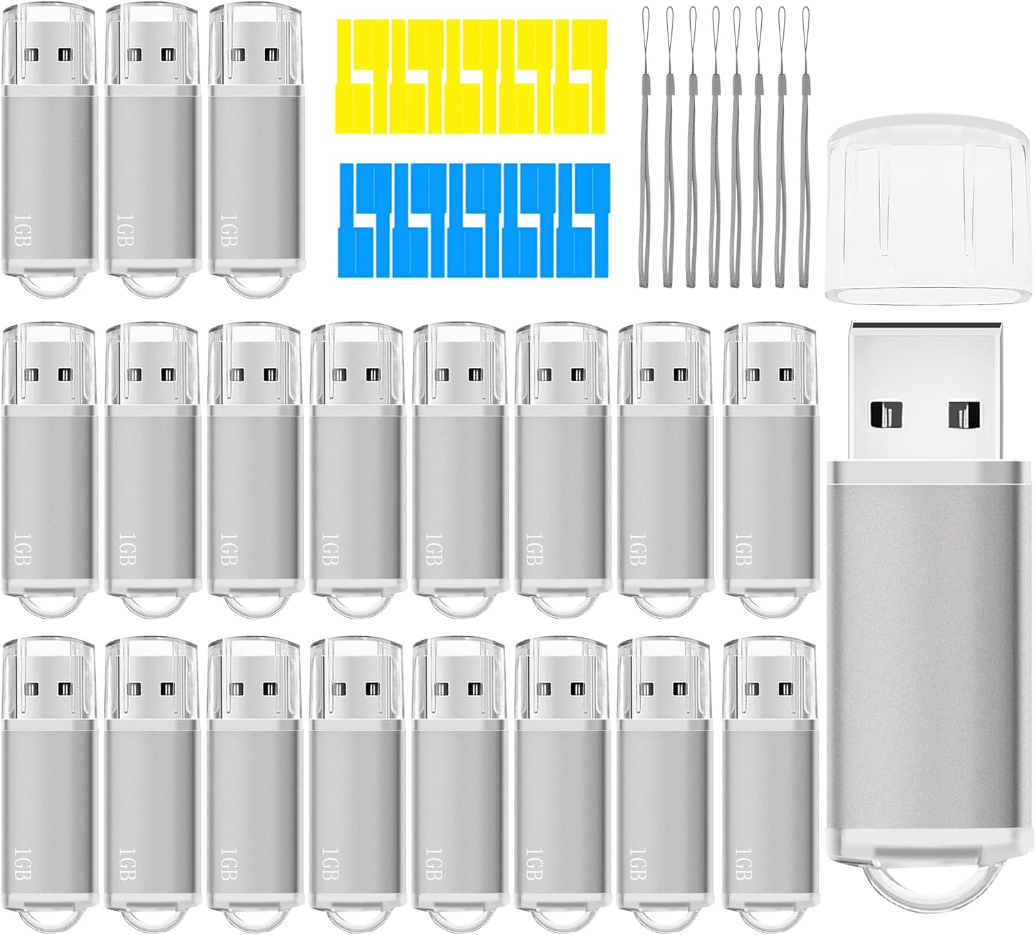 USB Thumb Drive 1GB Flash Drives 20 Pack, Nicepicten Memorias USB 2.0 Memory Stick Fat Flash Zip Drive 1 GB Jump Drives Multipack Pendrive with Landards and Lables (Sliver 1GB, 20 Pieces)