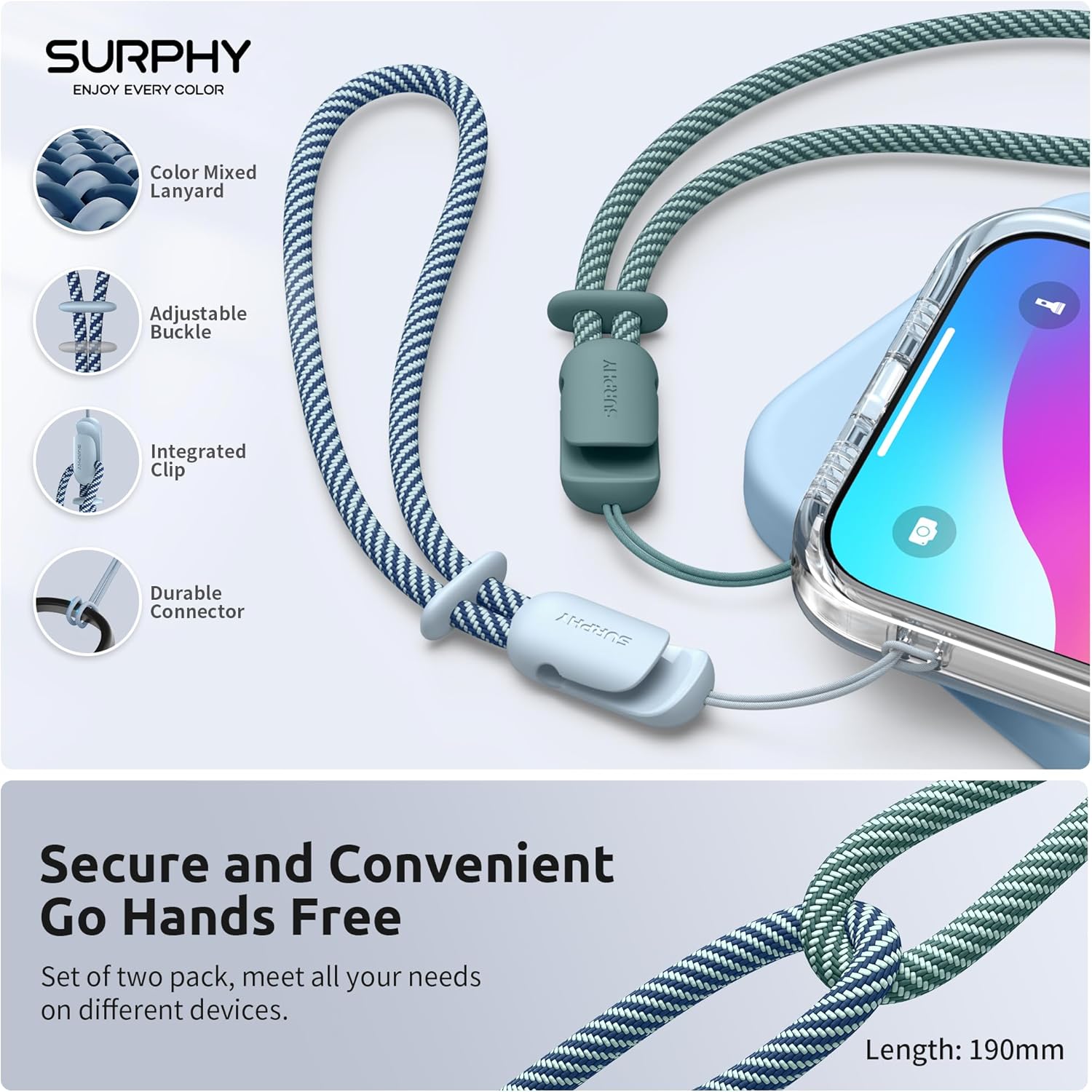 SURPHY 2 Pack Phone Lanyard for Cellphone Case, Phone Wrist Strap for Case, Cellphone Strap with 2-Color Braided, Charm Wrist Lanyard for Women and Men, Cloud Blue & Green