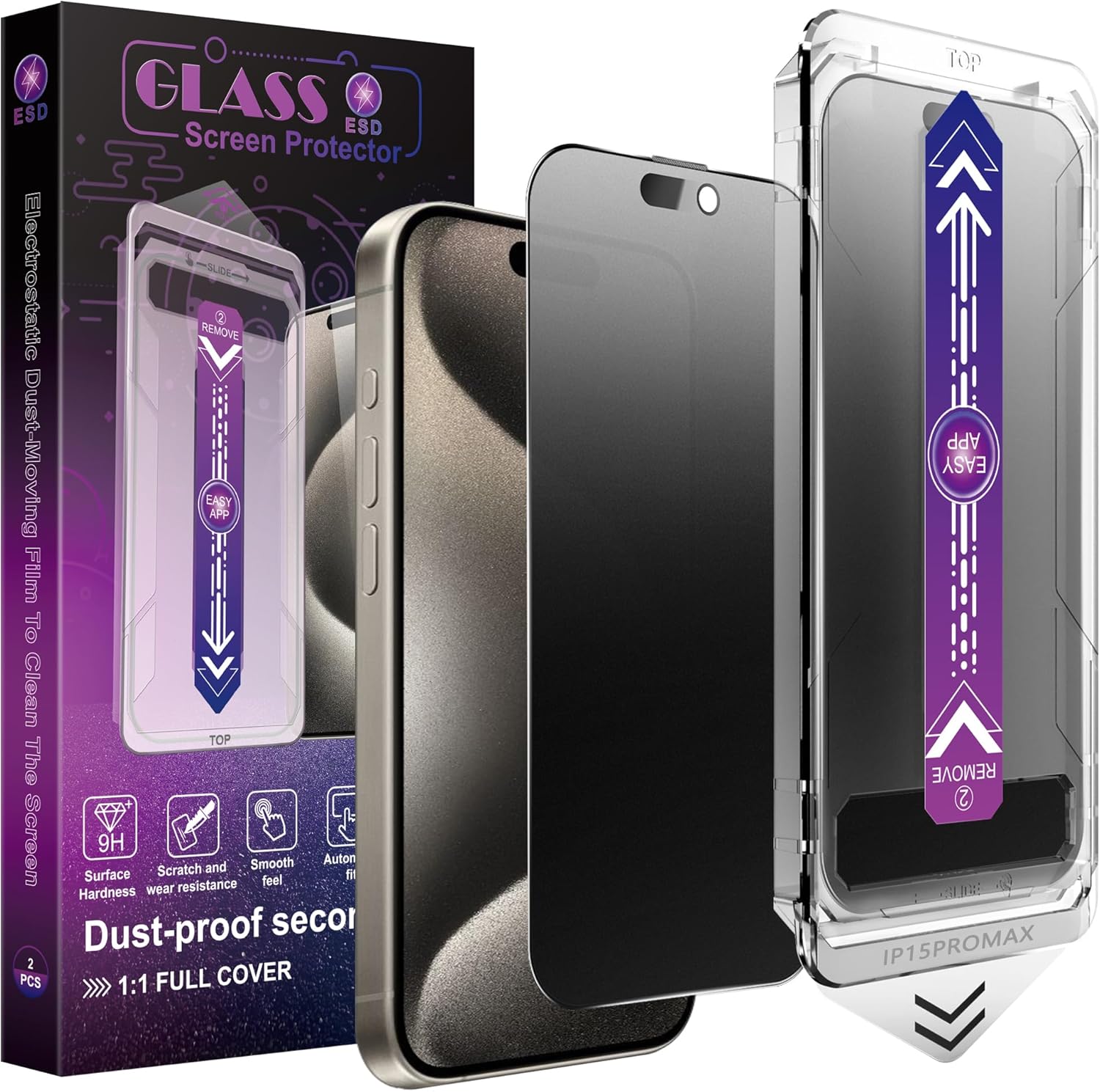 2 Pack Matte Privacy Screen Protector for iPhone 15 Pro Max, 9H Tempered Glass, Full Coverage, Anti-Fingerprint, Auto Dust-Elimination, No Bubble, Easy Installation