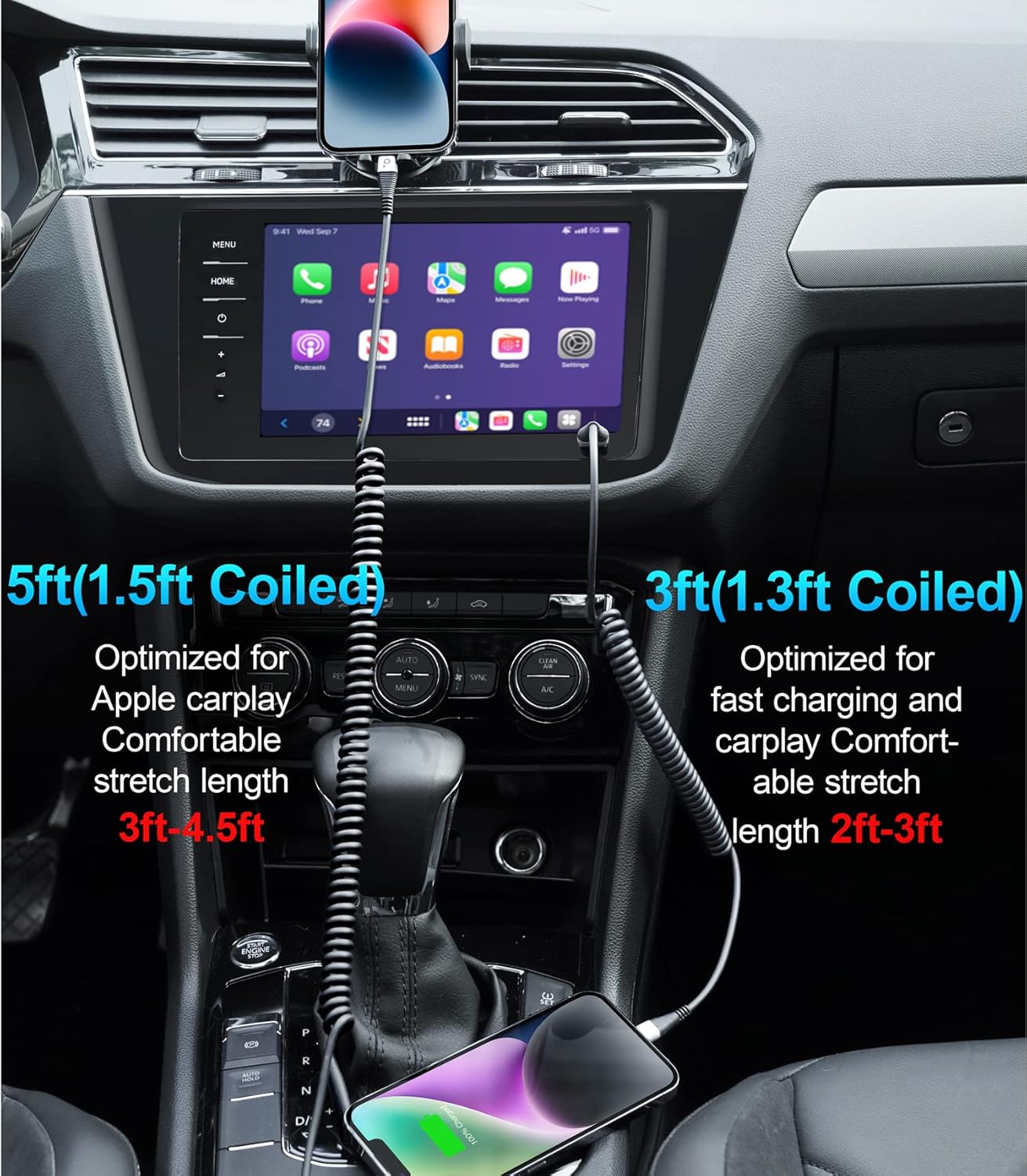 Coiled iPhone Charger Cable for Car, Lightning Cable 2 Pack 5ft, [Apple MFi Certified] Short iPhone Charger Cord Compatible with iPhone 14/13/12/11 Pro Max/XR/8/iPad/CarPlay