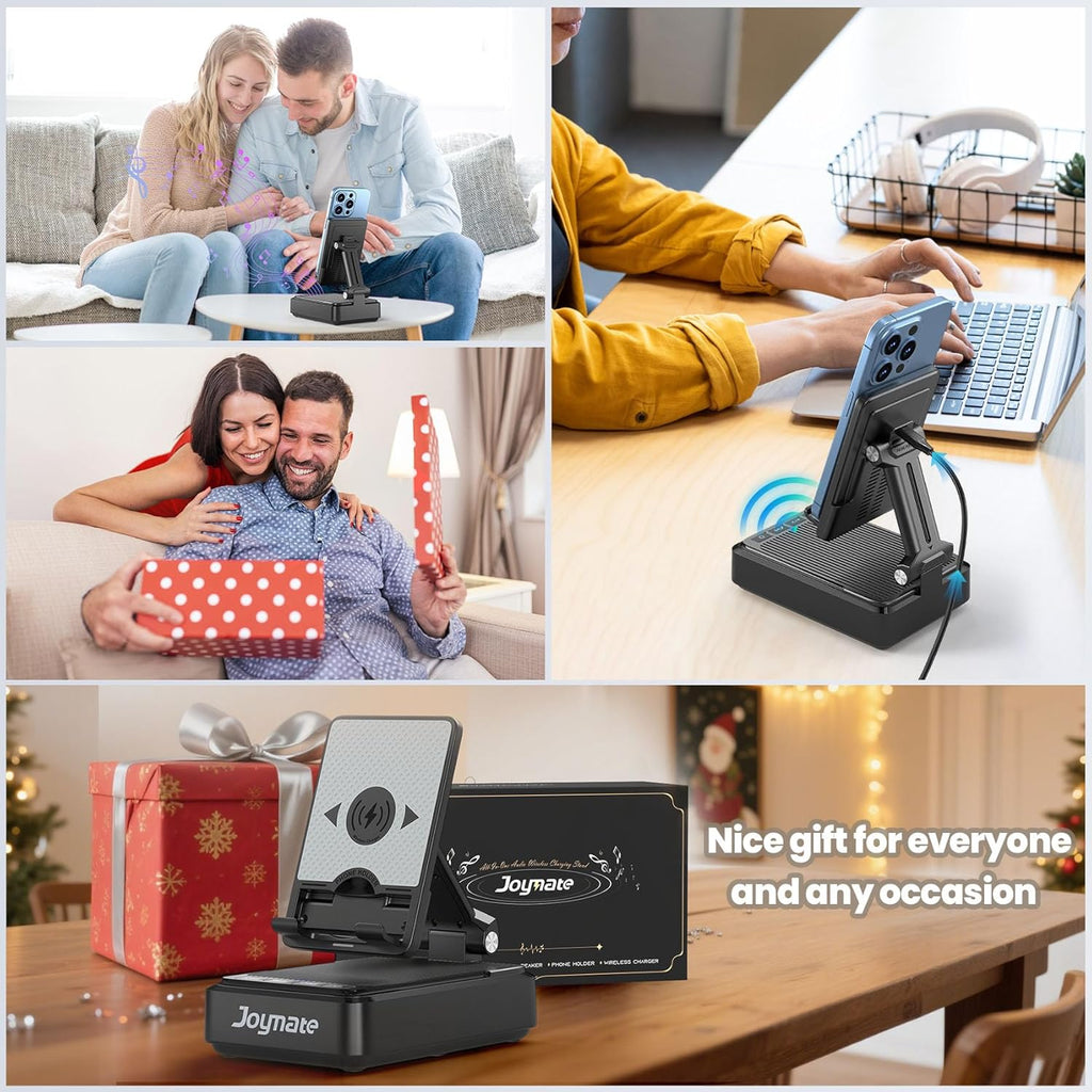 Gifts for Men and Women, Wireless Phone Charger Stand with Bluetooth Speaker and Adjustable Angle Phone Holder for Desk Tech Gift for Birthday/Anniversary (Black)