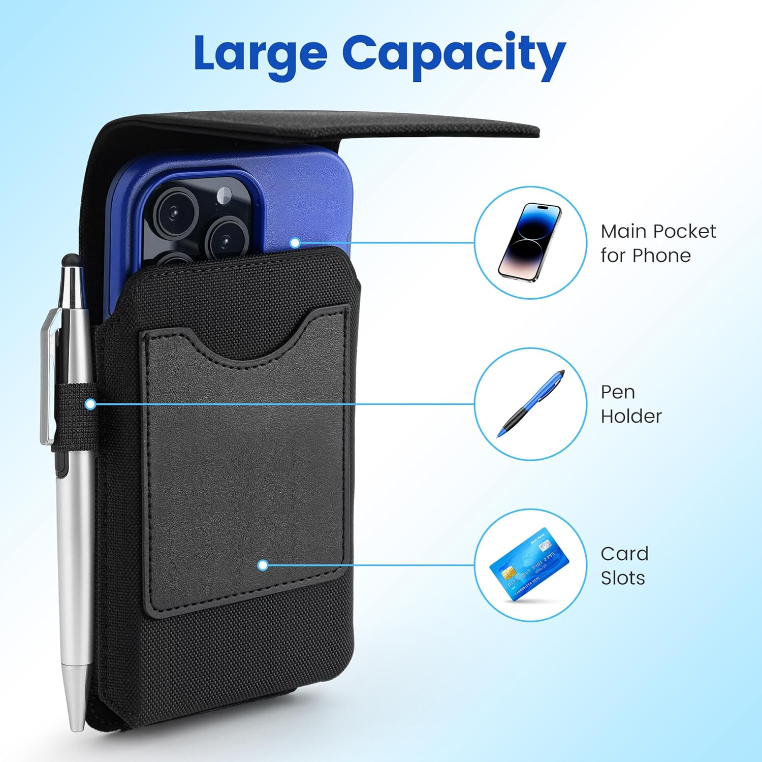 Mopaclle Rugged Nylon Cell Phone Holster with Belt Clip and Loop, Compatible with iPhone 17 Pro, iPhone 16 Pro, 16, 15 Pro, Galaxy S25, S24, S23 – Fits with Case On, Belt Holder for Men and Seniors