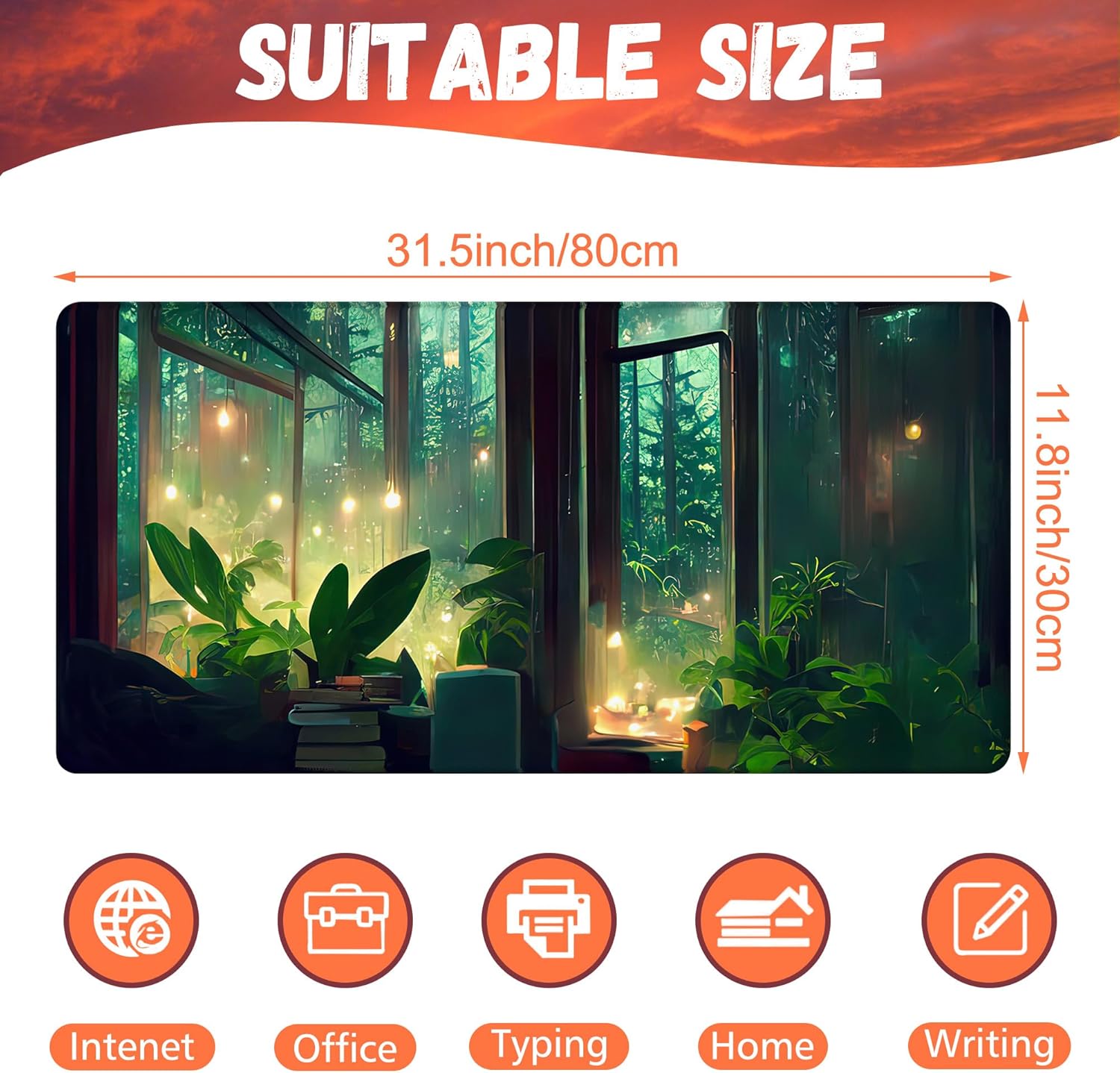 Desk Mat, Window View of Forest Desk Pad, Green Atmosphere Large Gaming Mouse Pad for Desk, 31.5"x15.7" Extended Big Computer Keyboard Mouse Pad with Non-Slip Base and Stitched Edge