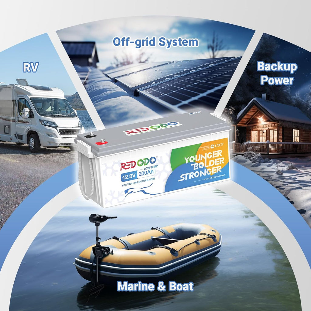 Redodo 12.8V 200AH Low Temp Cutoff LiFePO4 Battery with 100A BMS, Deep Cycle Rechargeable Lithium Battery 1280W 4000+ Cycles, Perfect for Trolling Motor, RV, Solar and Off Grid Applications