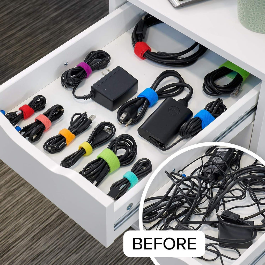 Self-Gripping Cable Ties by Wrap-It Storage, Multi-Color, 5 Inch Straps (50-pack) – Reusable Hook and Loop Cord Organizer Cable Ties for Cord Management and Desk or Office Organization
