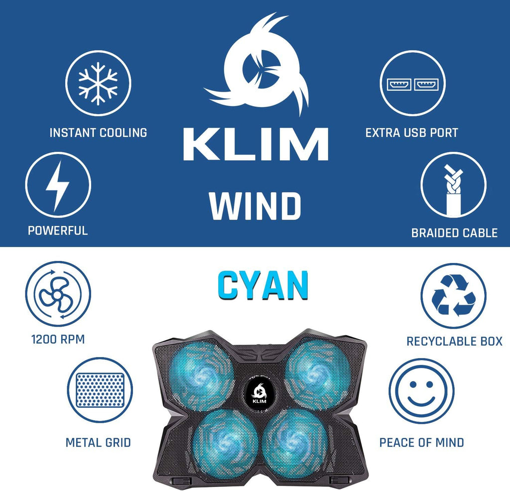 KLIM Wind Laptop Cooling Pad - More Than 500 000 Units Sold - New Version - The Most Powerful Rapid Action Cooling Fan - Laptop Stand with 4 Cooling Fans at 1200 RPM - USB Fan - PS5 PS4 - Cyan