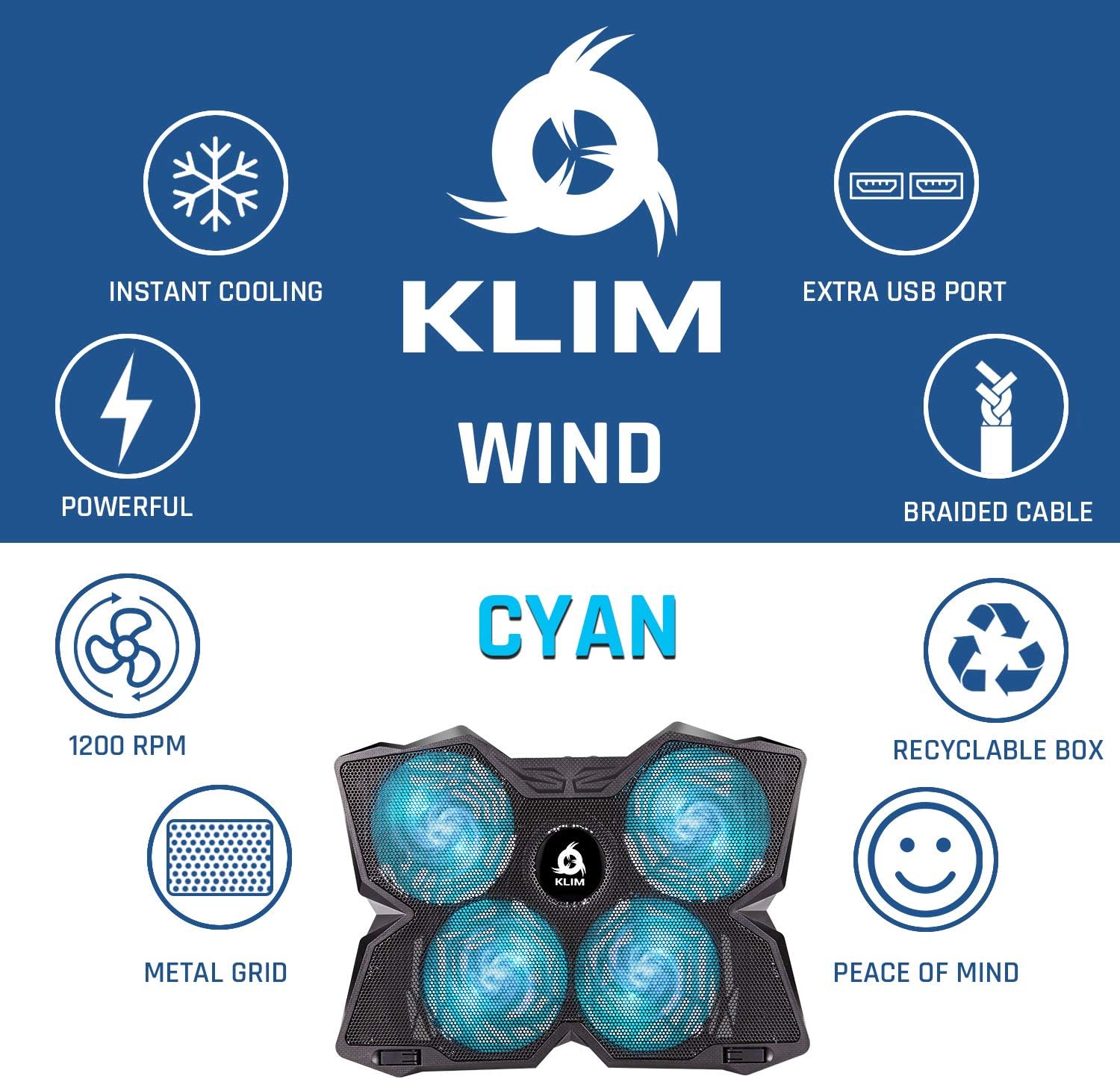 KLIM Wind Laptop Cooling Pad - More Than 500 000 Units Sold - New Version - The Most Powerful Rapid Action Cooling Fan - Laptop Stand with 4 Cooling Fans at 1200 RPM - USB Fan - PS5 PS4 - Cyan