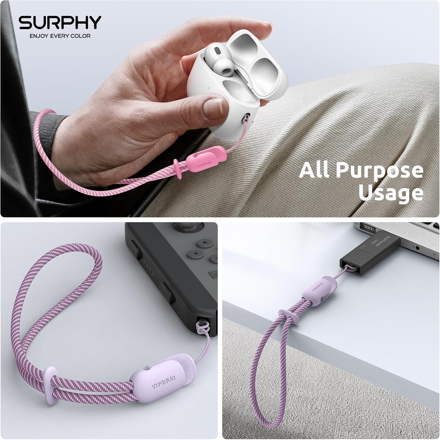 SURPHY 2 Pack Phone Lanyard for Cellphone Case, Phone Wrist Strap for Case, Cellphone Strap with 2-Color Braided, Charm Wrist Lanyard for Women, Cellphone Wrist Lanyard for Women, Rose Pink & Lilac