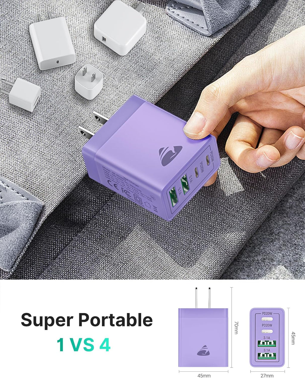 USB C Wall Charger Block 2-Pack, Aiminu 40W 4-Port PD Power Delivery Fast Type C Charging Block Plug Adapter for iPhone 15/14/13/12/11/Pro Max, XS/XR/X, iPad, Samsung, Android Phones Charger Cube