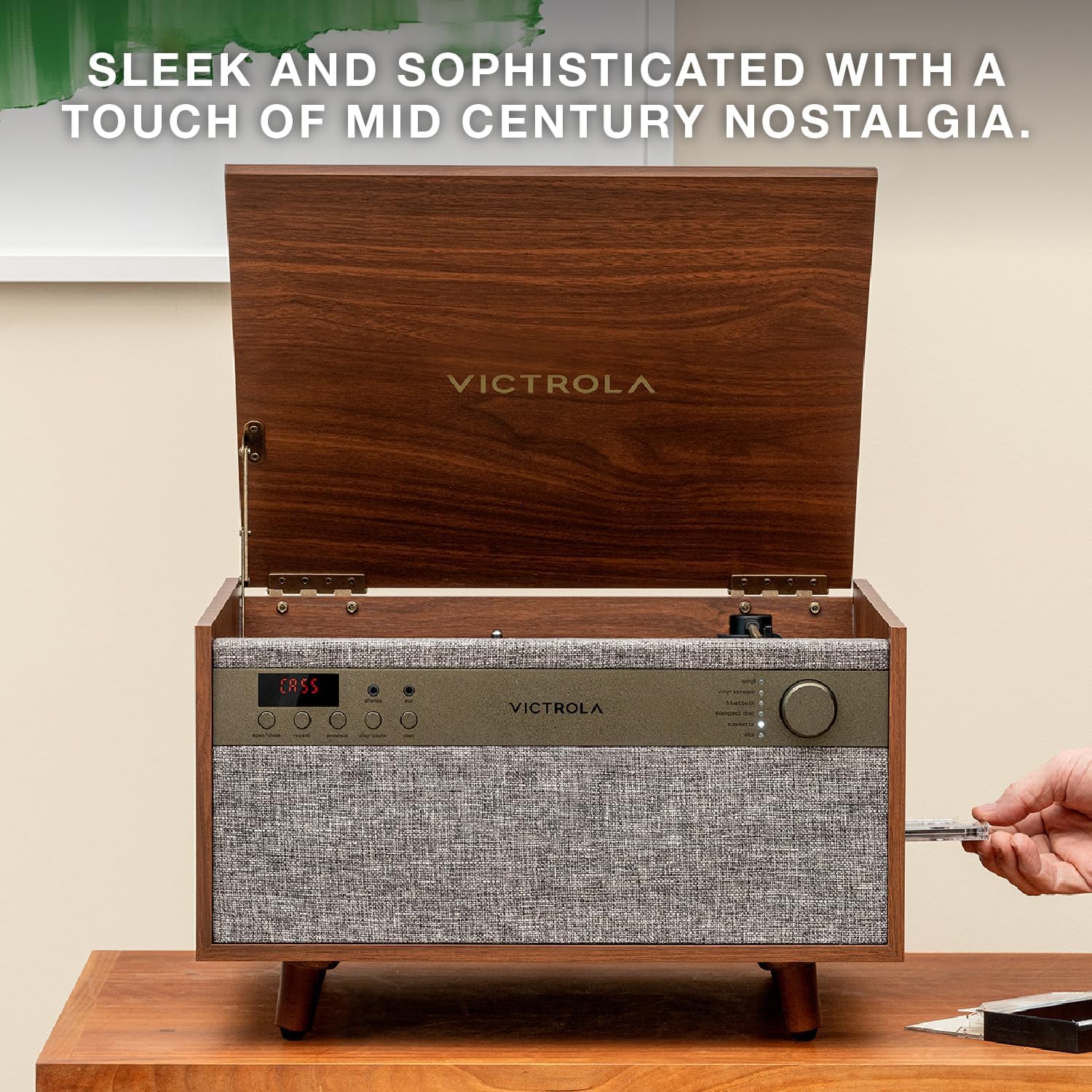 Victrola Century 6-in-1 Vinyl Record Player & Music Center – 3-Speed Turntable, CD & Cassette Player, VINYLSTREAM, Bluetooth & 3.5mm Aux, Record Player with Speakers, Mid Century Design (Black)