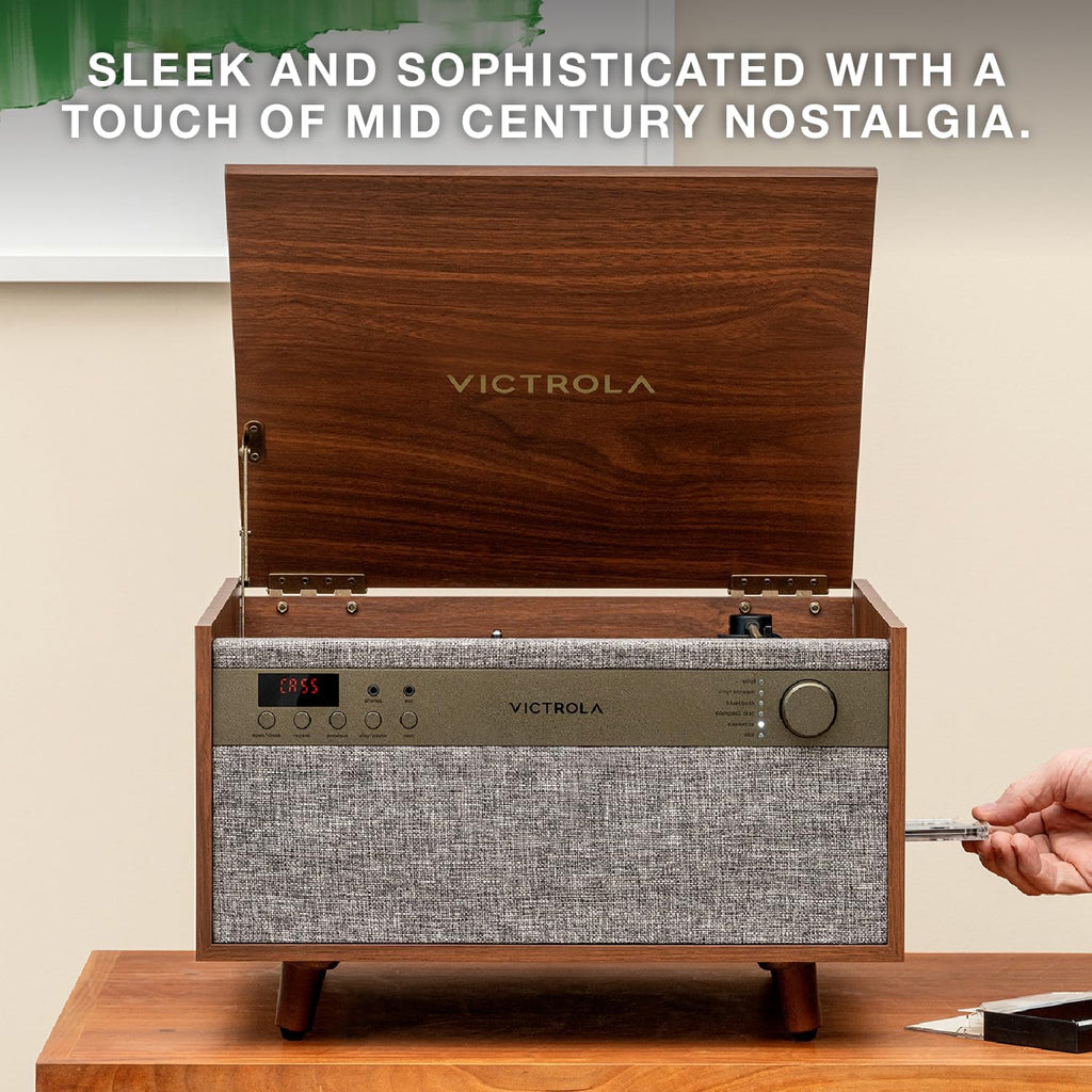 Victrola Century 6-in-1 Vinyl Record Player & Music Center – 3-Speed Turntable, CD & Cassette Player, VINYLSTREAM, Bluetooth & 3.5mm Aux, Record Player with Speakers, Mid Century Design (Natural)