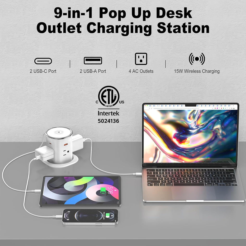 Jgstkcity Pop Up Countertop Outlet with 15W Wireless Charger,20W USB C Ports,Flush Mount Tamper Resistant,Recessed Grommet Receptacle,4 USB 4 Outlets,15A,1875W,ETL Listed,3.15in Hole,White