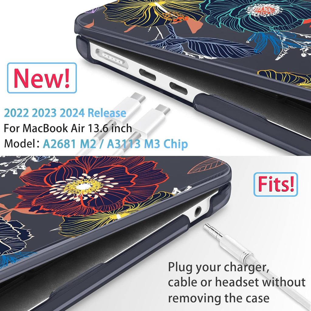 Mektron for 2025 M4 MacBook Air 13.6 Inch A3240 Case Fits 2023 A2681 M2 2024 A3113 M3 Chip with Liquid Retina Display Touch ID, Printed Plastic Hard Shell Cover for MacBook Air 13.6", Dahlia Flowers