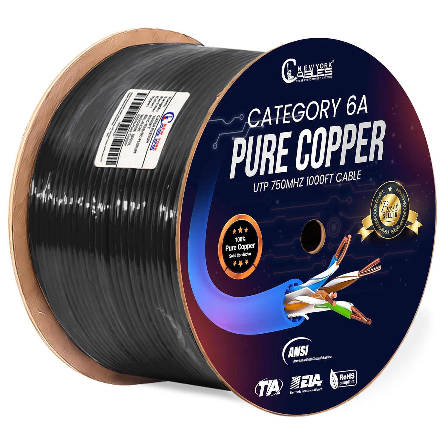 NewYork Cables Cat6a Plenum Cable 1000ft - Certified 100% Solid Pure Copper CAT6 A Ethernet Cable – 23 AWG, 750 MHz, PoE++ - Unshielded Twisted Pair - Cat 6a 10 GB High Speed for Networking & Gaming