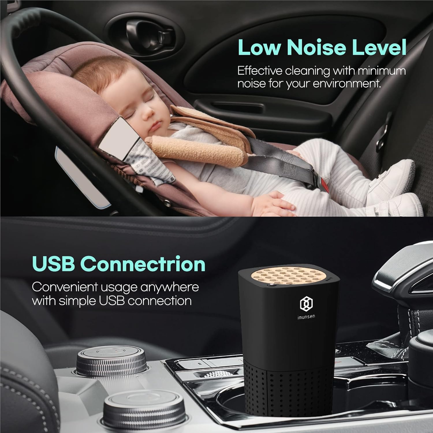 IMUNSEN M-003B True HEPA 13 Filter Air Purifier for Car, Desk, and Office with Carbon Deodorization Filter, 4-Stage Filtration, Smoke, Odors, Allergens, USB Port 5V, Made in Korea - Black