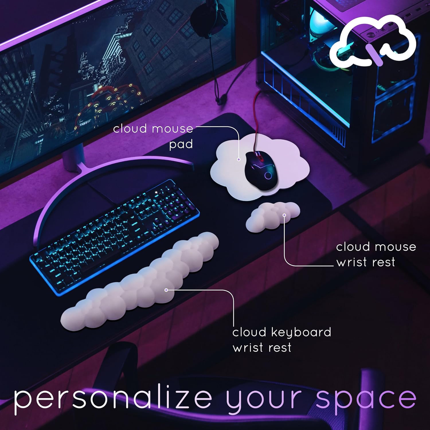 Qloud Cloud Wrist Rest Keyboard Wrist Rest for Computer Keyboard Pad, Cloud Keyboard Wrist Rest, Wrist Pad for Keyboard, Memory Foam, Non Slip Base, Comes with Mouse Pad - White