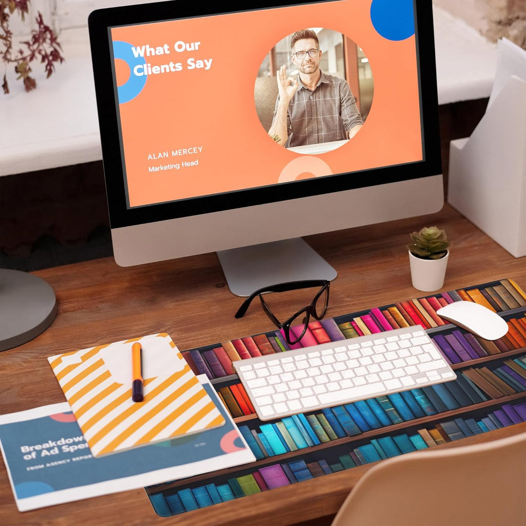 Large Gaming Mouse Pad for Desk,Bookshelves Full of Books Desk Mat,Colorful Books Desk Pad,Extended Big Computer Keyboard Mouse Pad with Non-Slip Base and Stitched Edge,31.5"x11.8"
