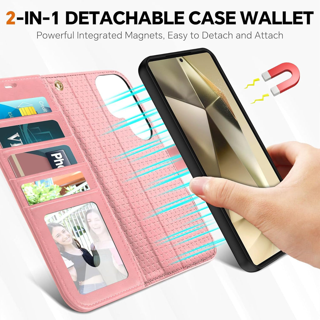 TUCCH Case for Galaxy S25 Ultra, [Detachable] Wrist Strap Magnetic PU Leather Wallet Case with RFID Blocking [Wireless Charging] 4 Card Slot Stand Removable Cover for Galaxy S25 Ultra 6.9", Rose Gold