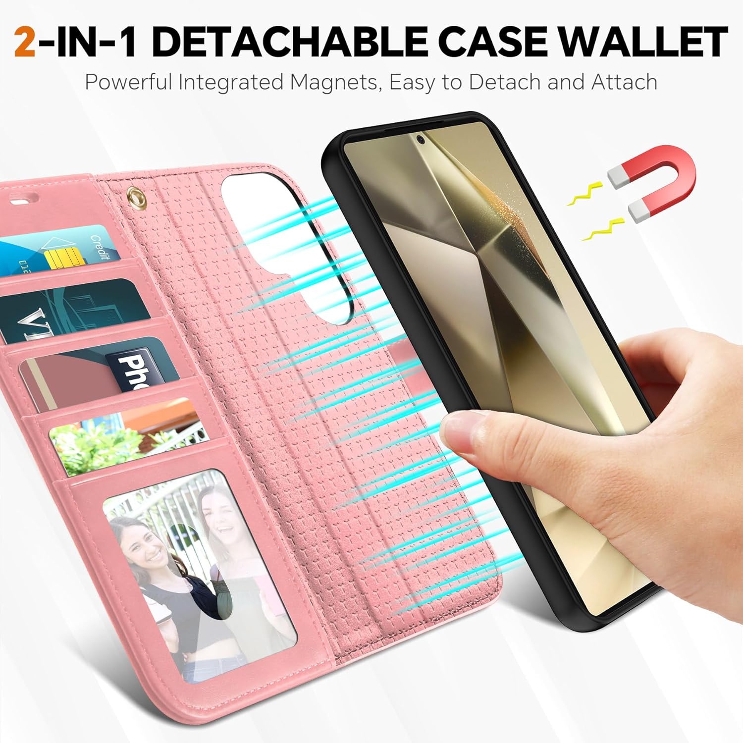 TUCCH Case for Galaxy S25 Ultra, [Detachable] Wrist Strap Magnetic PU Leather Wallet Case with RFID Blocking [Wireless Charging] 4 Card Slot Stand Removable Cover for Galaxy S25 Ultra 6.9", Rose Gold