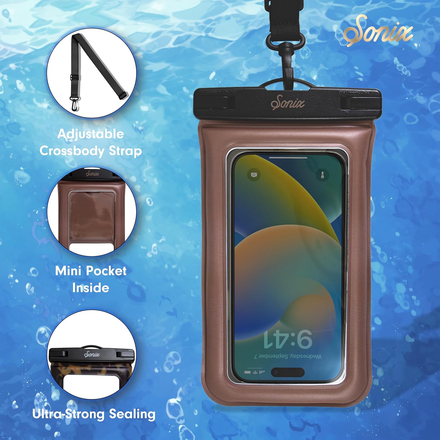 Sonix Waterproof Phone Pouch - Floating Phone Case Dry Bag w/Crossbody Lanyard - Beach Cruise Travel Essentials - Compatible w/All Devices, Touchscreen Friendly | Mocha