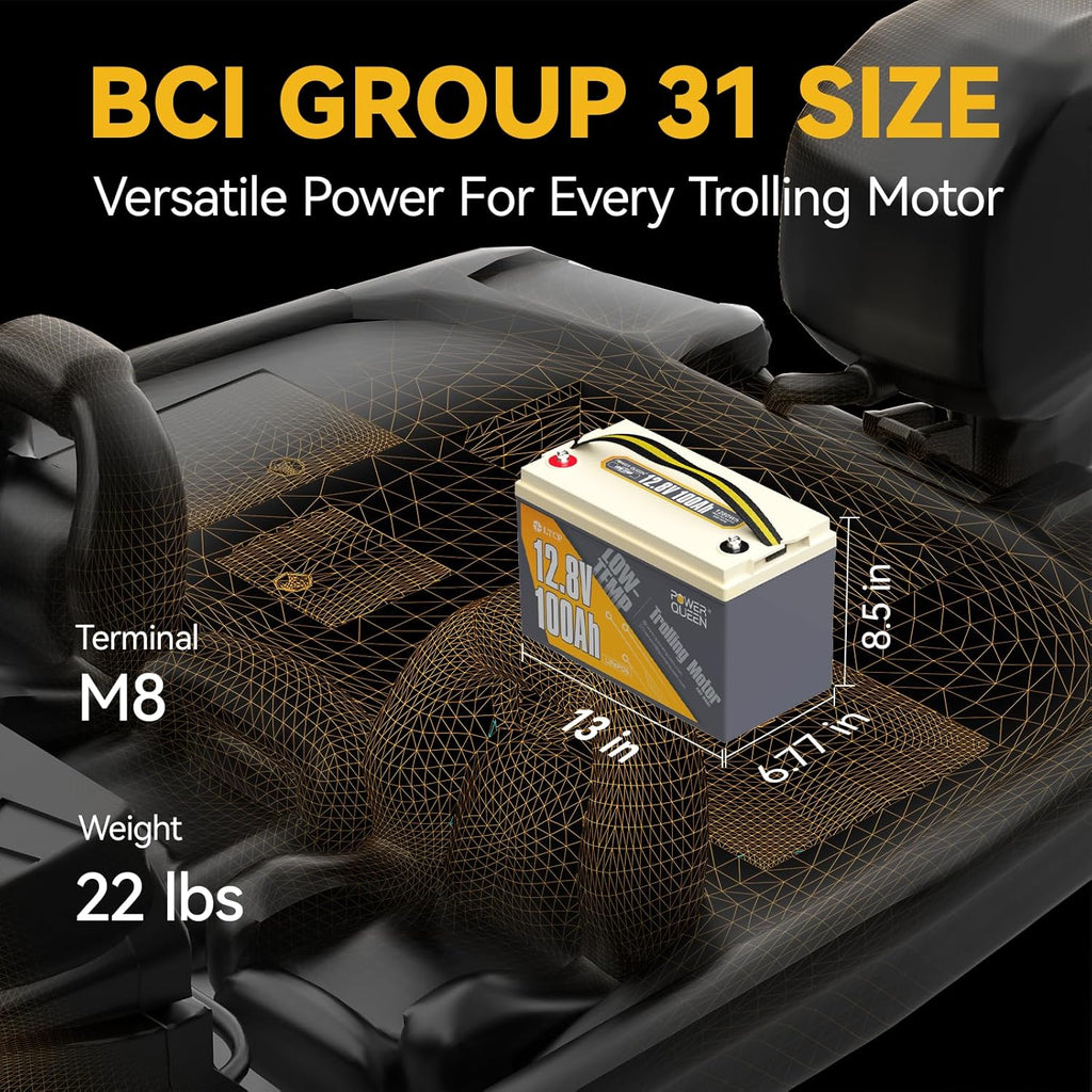 Power Queen 12.8V 100Ah Low-Temp LiFePO4 Battery with 12V20A Charger, Low Temperature Protection, Built-in 100A BMS, Grade A Battery Cell, Up to 15000+ Cycles, Perfect for Trolling Motor, Marine, RV