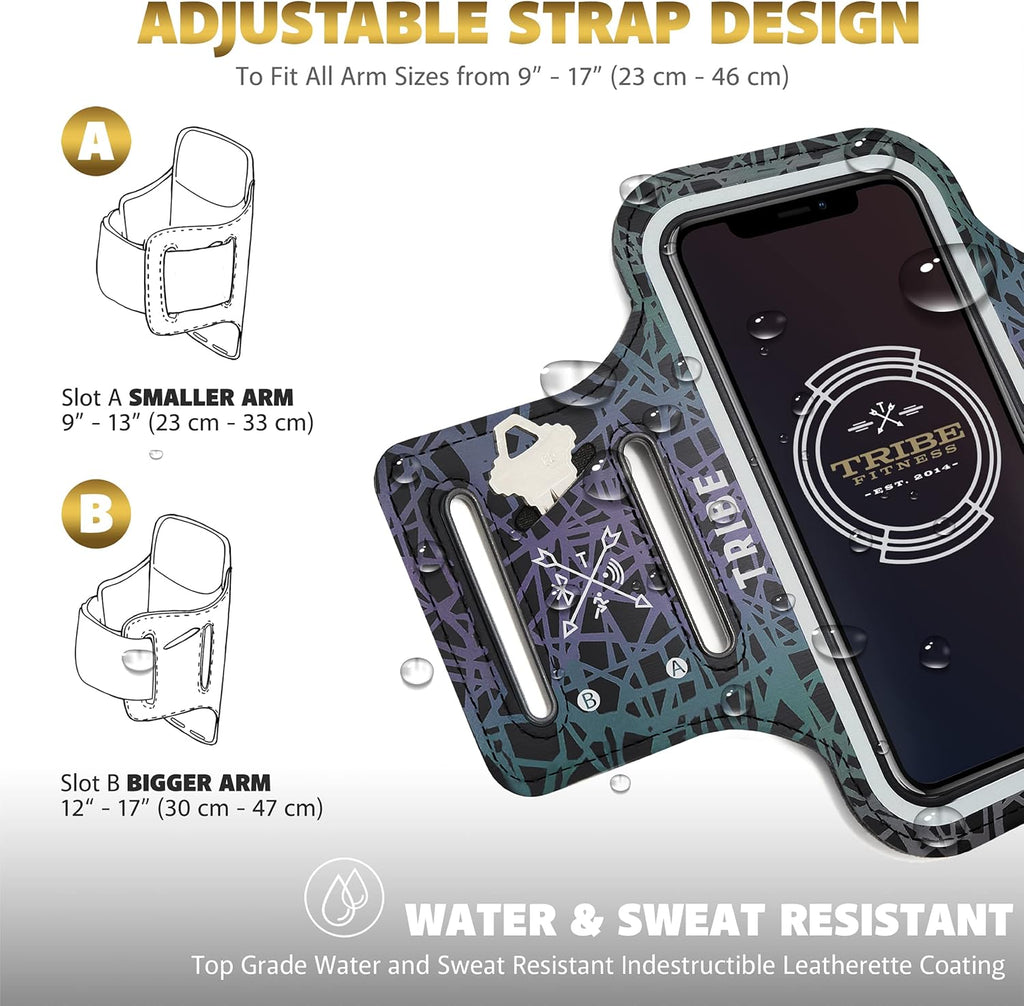 TRIBE Water Resistant Cell Phone Armband Case Running Holder for iPhone Pro Max Plus Mini SE (13/12/11/X/XS/XR/8/7/6/5) Galaxy S Ultra Plus Edge Note (21/20/10/9/8/7/6/5) Adjustable Strap & Key Pocket