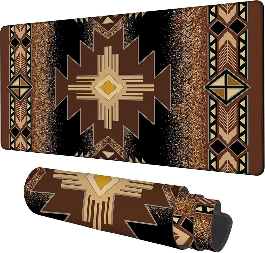 Large Mouse Pad Aztec Pattern Gaming Desk Pad Computer Keyboard Non-Slip Waterproof Mouse Mat with Rubber Base and Stitched Edges Entertainment Office Writing Desk Mat 35.4 x 15.7 Inches