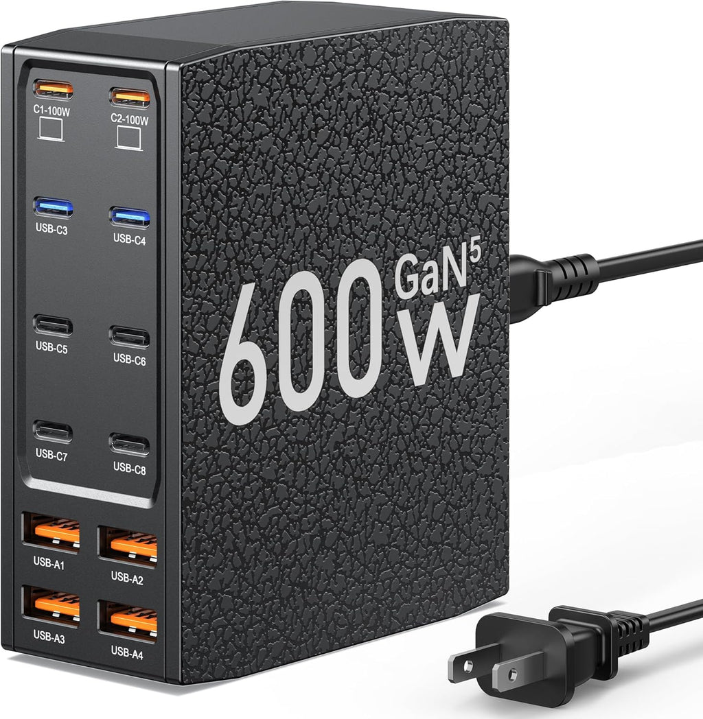 Charging Station (600W),12-Port USB C Charger Block with Dual 100W PD USB-C Fast Charging Station Hub for MacBook Pro/Air/All iPad iPhone 17/16 15/14/13/Pro Max/Samsung Galaxy Note (Black)