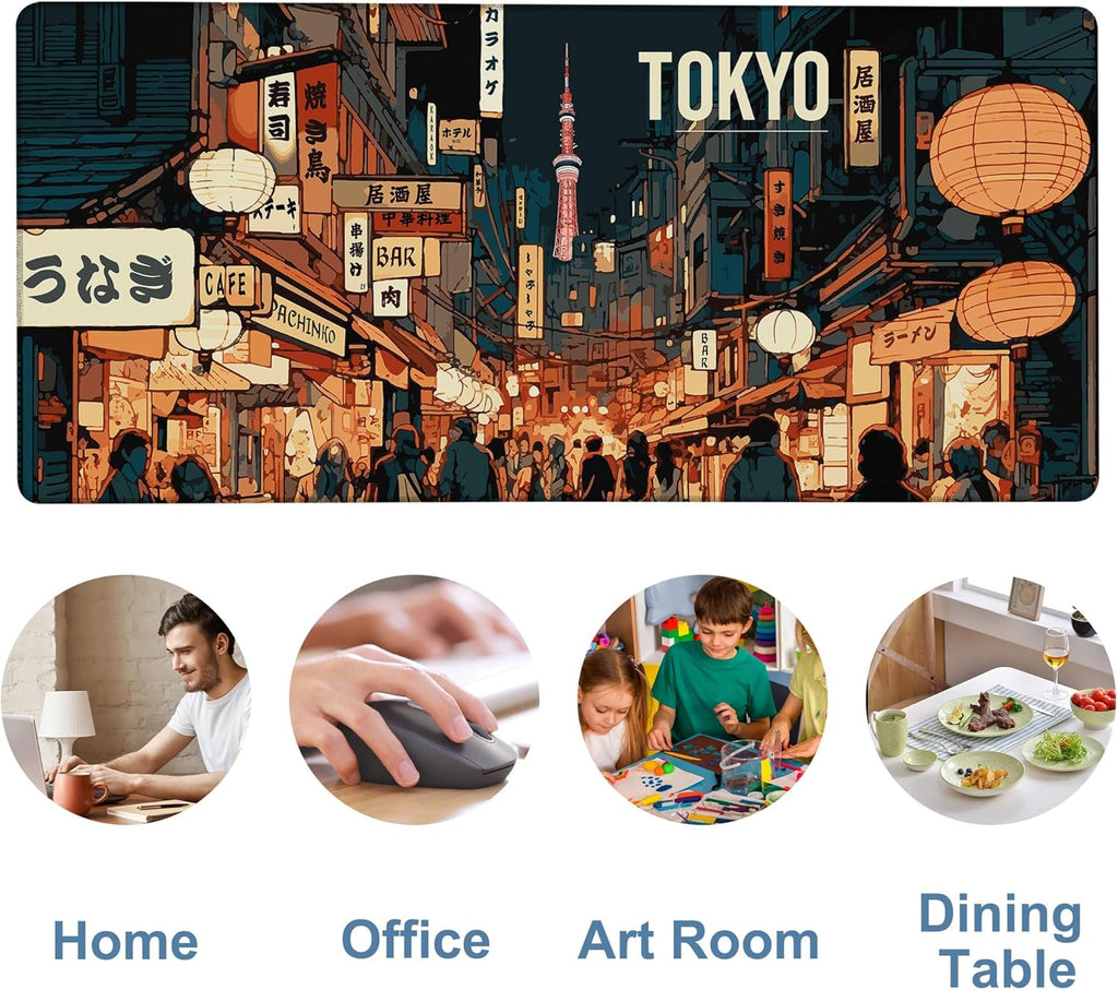 Gaming Desk Pad Large Extra Length Tokyo Japan Mouse Pad Keyboard Laptop Non-Slip Waterproof with Rubber Base Thick Stitched Edge Mouse Mat for Office Home 35.4 x 15.7 Inches