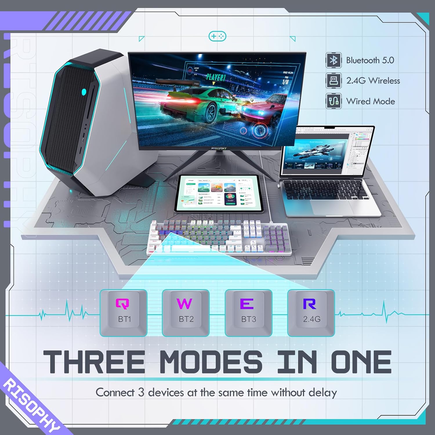 Wireless Mechanical Keyboard, Triple Mode 2.4G/USB-C/Bluetooth Gaming Keyboard, 104 Keys Programmable, Customize RGB Backlit, Red Switch, Bicolor PBT Keycaps, Rechargeable Wired for Laptop PC