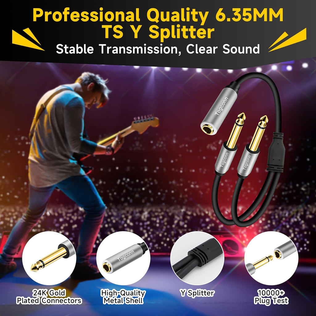 2-Pack 1/4 inch TS Mono Splitter Y Adapter, 6.35mm Mono Female to Dual 6.35 mm TS Mono Male Jack, Quarter inch Audio Speaker Splitter Converter Cable 1 Feet, Gold Plated Connectors