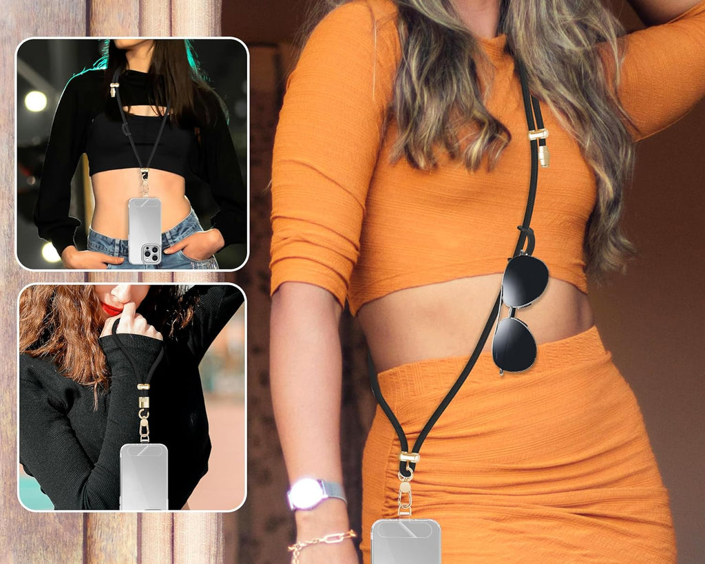 Cell Phone Lanyard Adjustable Crossbody Phone Lanyard *1 Phone Wrist Strap *1 with Deluxe Gold Matal Buckle + Clear Tether Tabs *2 for Shopping Travelling Hiking(BLACK)